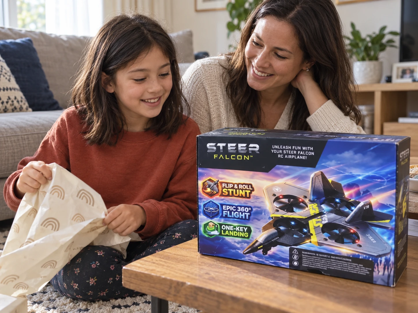 A child and parent opening a gift with the branded Steer Falcon box on the table
