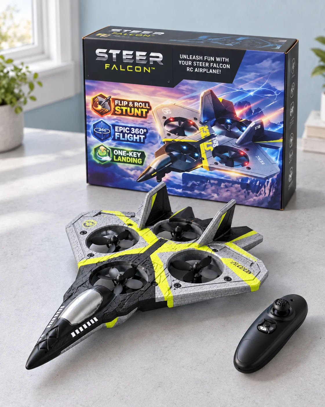 The grey and yellow Steer Falcon airplane and remote beside the new branded retail box