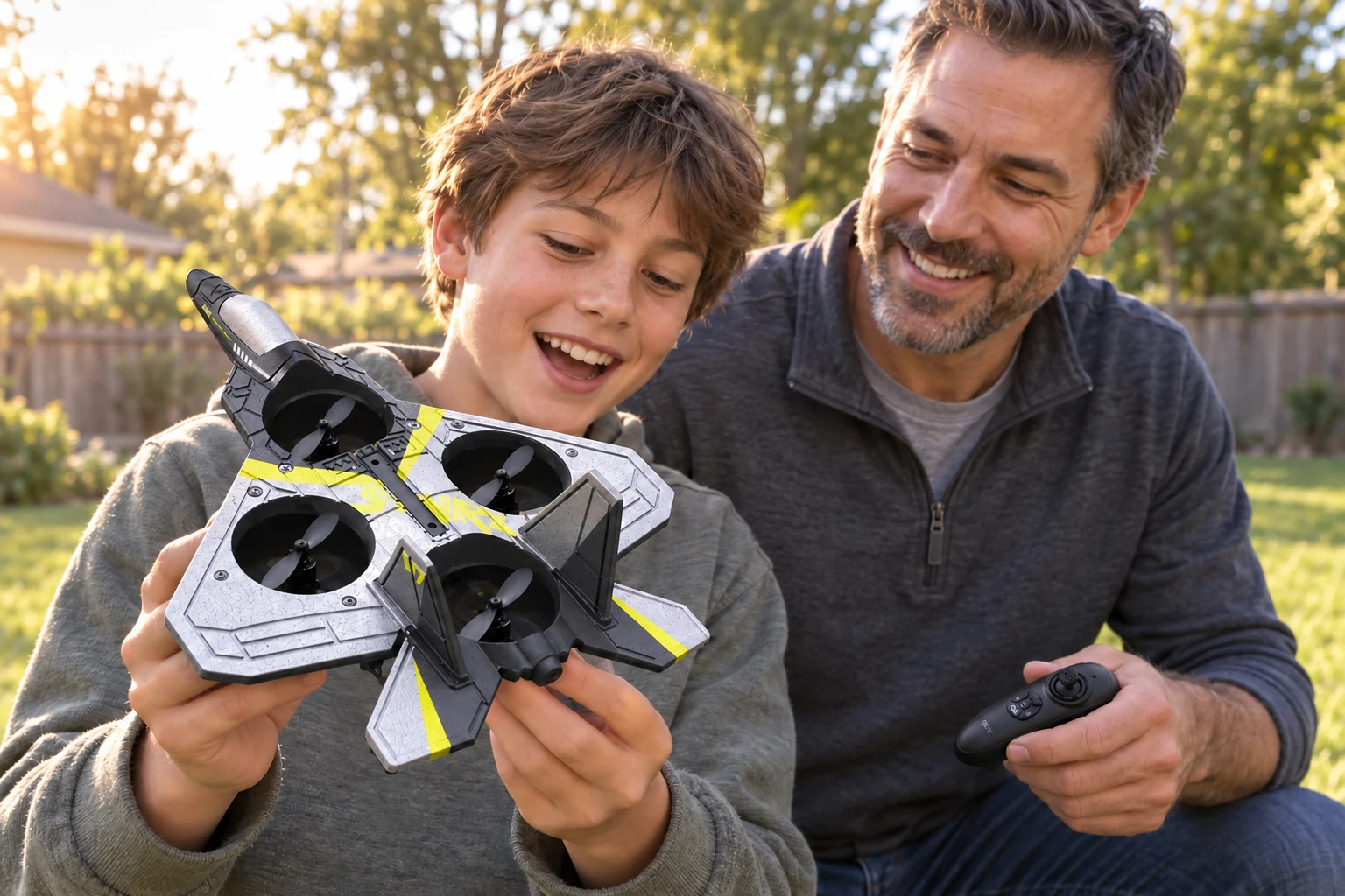 A parent and child looking at the gray and yellow Steer Falcon before flying