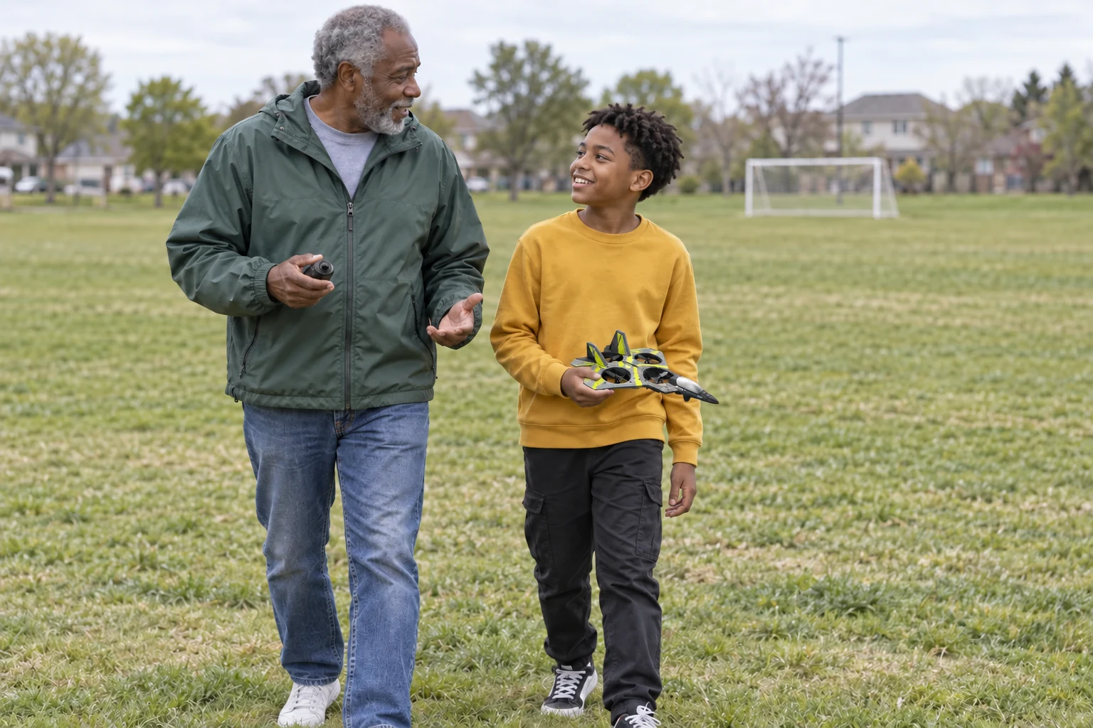 A grandfather and grandson enjoying time at the park with the grey and yellow Steer Falcon and its remote